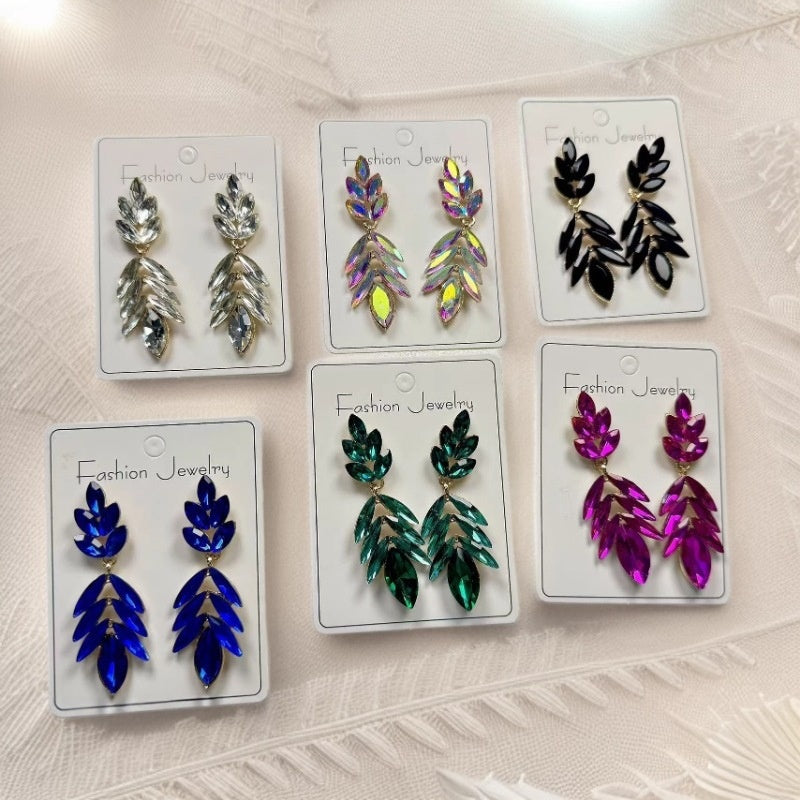 Fashionable Leaf for Women, Light Luxury Exaggerated Earrings with Crystal Tassels