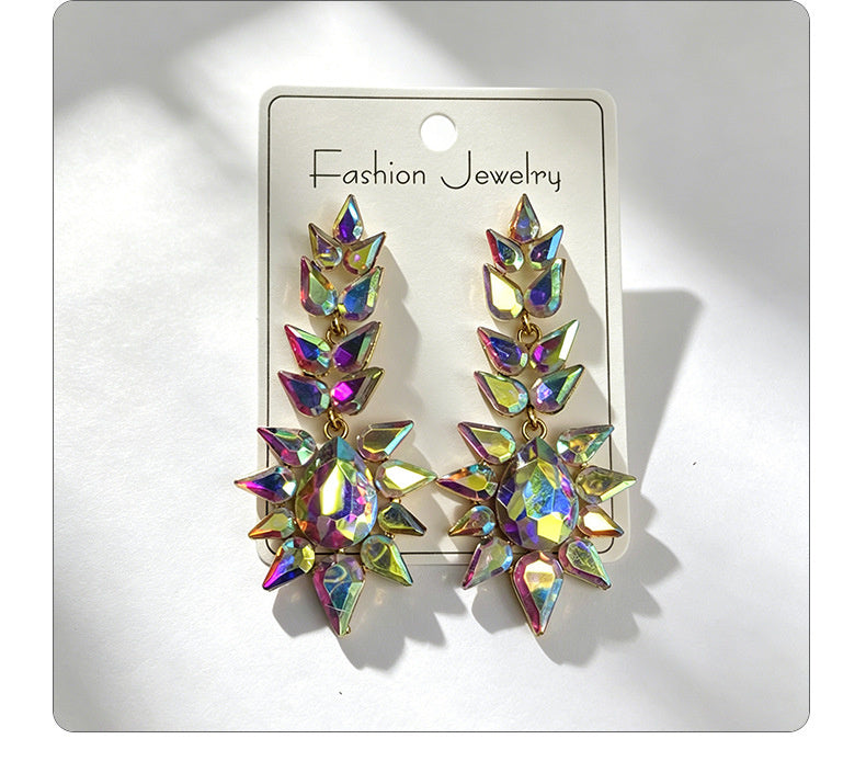 Black rhinestone flame earrings with an exaggerated, grand, and high-end feel