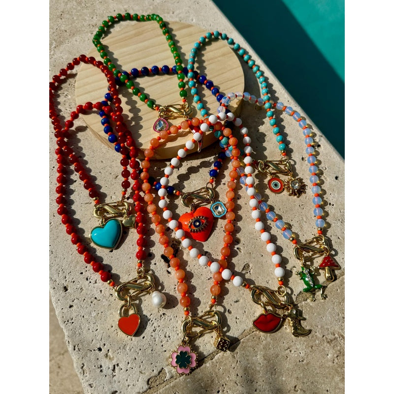 18" Custom Carabiner Charm Gemstone Beaded Necklace| Colorful Necklaces Pick Any 2 Charms| Jewelry Gift for Girls