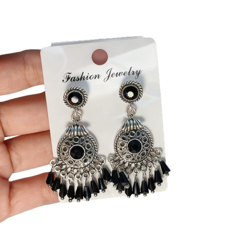 Bohemian style earrings with glass tassels, exaggerated and stylish