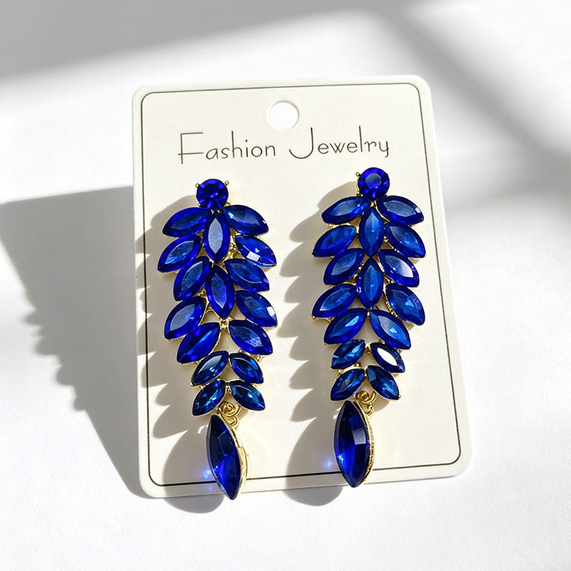 Diamond-studded leaf long tassel multi-color crystal earrings, evening style accessories