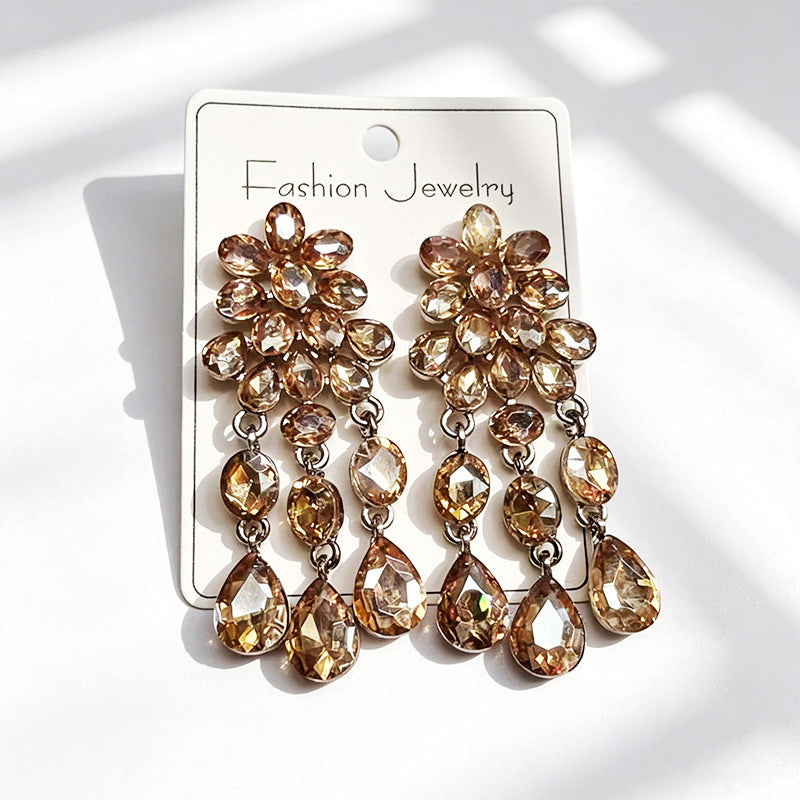 Luxurious water-drop colored diamond long earrings, evening dress accessory, multi-color crystal tassels, slimming and elegant earrings