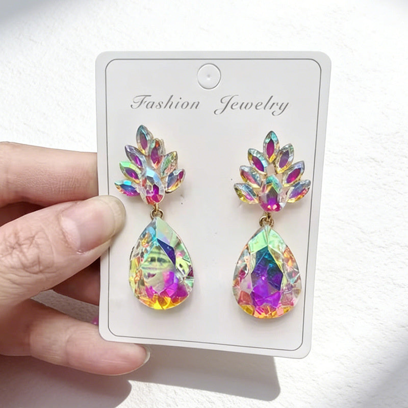 Water drop-shaped earrings, light luxury with diamond-encrusted floral leaf pendants, available in multiple colors, versatile and suitable for everyday wear as an accessory