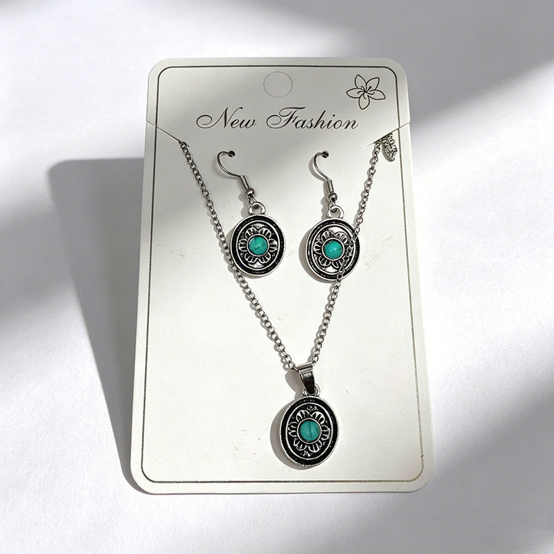 Distressed turquoise earring and necklace set, distressed alloy jewelry, bohemian style accessories