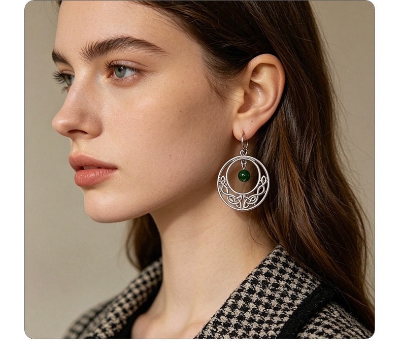 Irish-style woven pattern hollow earrings with distressed silver hoops and green jade beads, versatile for casual vacations