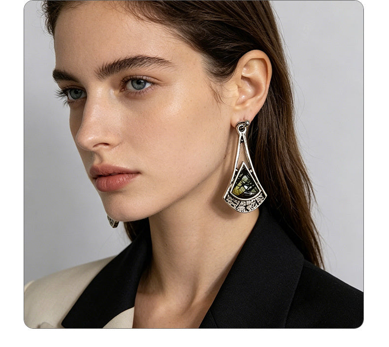Fan-shaped triangular pattern gemstone ear hook crackle stone pendant niche everyday wear earrings