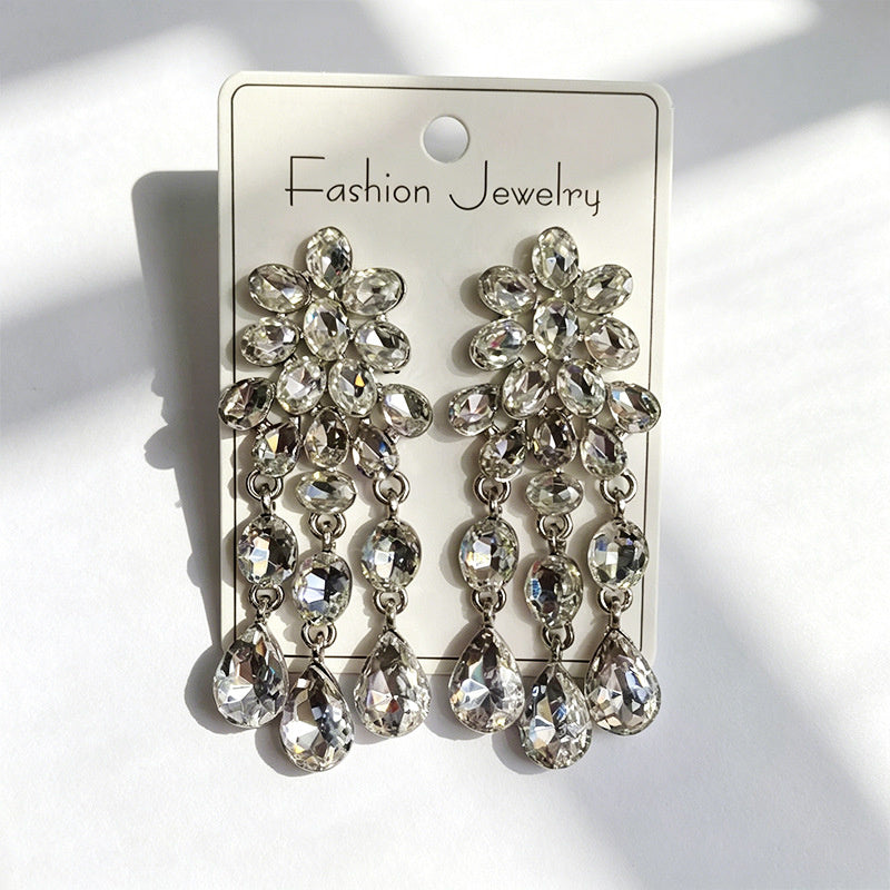 Luxurious water-drop colored diamond long earrings, evening dress accessory, multi-color crystal tassels, slimming and elegant earrings