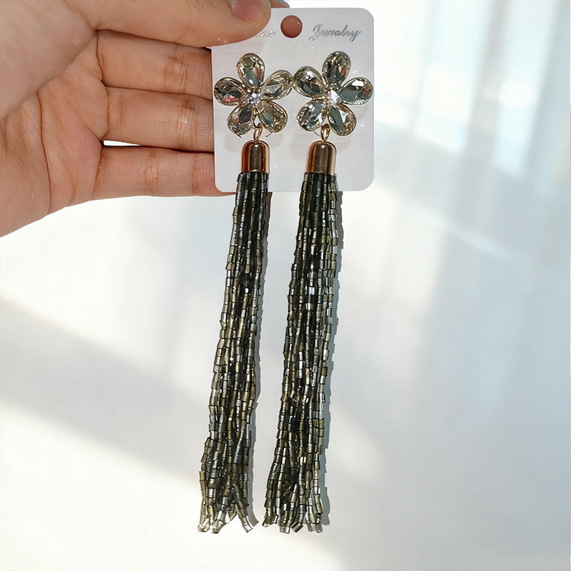 Glass Flower Tassel Earrings, Exaggerated Long Style, Fashionable and Elegant Ear Accessories