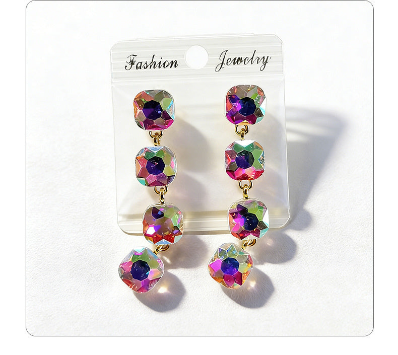Multi-color beaded long water drop crystal earrings, fashionable, simple, versatile and elegant earrings
