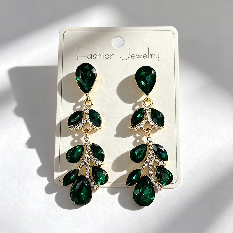 Colorful diamond leaf long earrings, niche light luxury design, stylish and versatile ear accessories