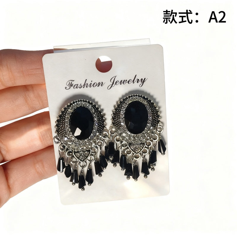 Bohemian style earrings with glass tassels, exaggerated and stylish