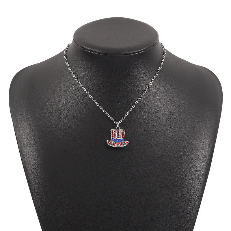 American Independence Day Flag Pendant Necklace with Rhinestones Patriotic Theme Collarbone Chain for Women