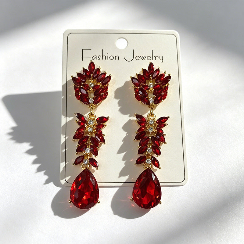 Colorful Crystal Leaf Long Earrings, Luxurious Palace-Style Exquisite Atmosphere Fashion Earrings