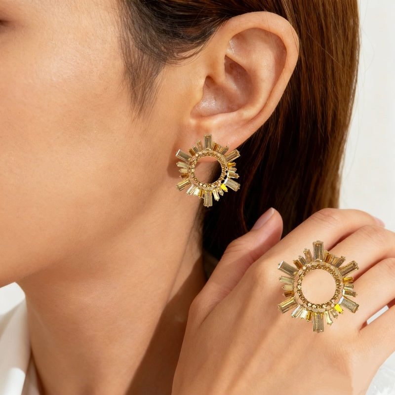 Alloy diamond-encrusted sparkling colorful diamond sunflower stage earrings, geometric circle evening earrings