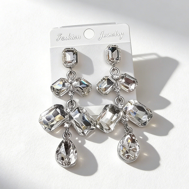 Long waterdrop crystal with fashionable tassels, available in multiple colors, high-transparency cut design, elegant earrings