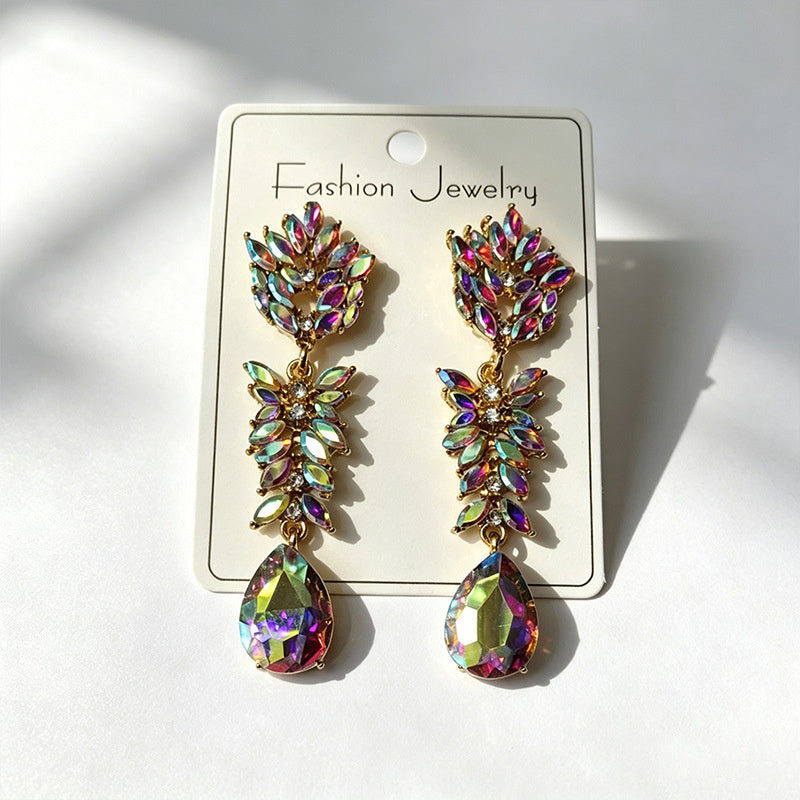 Colorful Crystal Leaf Long Earrings, Luxurious Palace-Style Exquisite Atmosphere Fashion Earrings