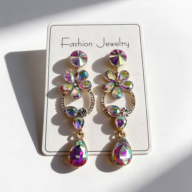 Luxurious floral with full diamond accents, long waterdrop gemstone earrings, court-style versatile earrings that enhance complexion