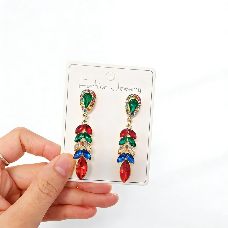 Colorful diamond tassel wheat ear long earrings, fashionable and high-end, exaggerated party statement earrings