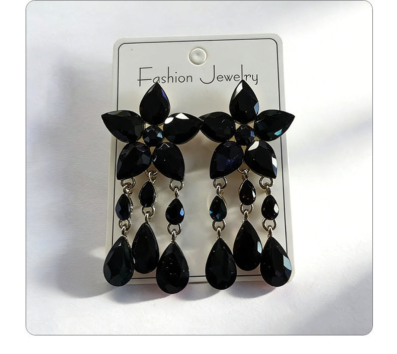 Colorful Gemstone Flower Long Tassel Rhinestone Drop Earrings Fashionable Trendy Women's Ear Accessories