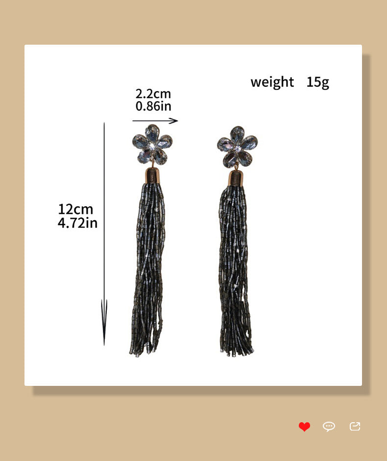 Glass Flower Tassel Earrings, Exaggerated Long Style, Fashionable and Elegant Ear Accessories