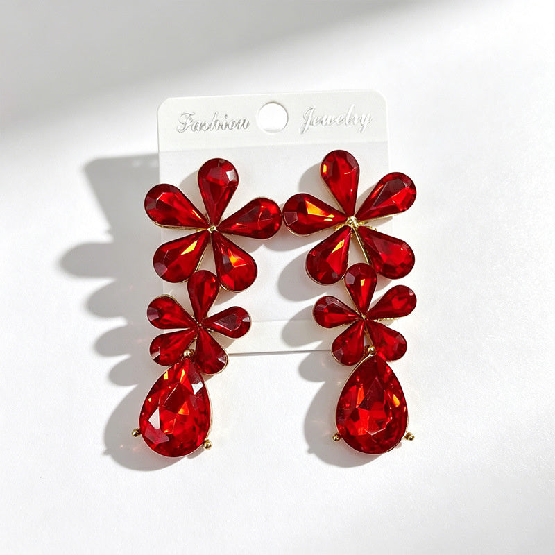 Floral waterdrop rhinestone long elegant multi-color crystal drop earrings, accessories for dress and banquet