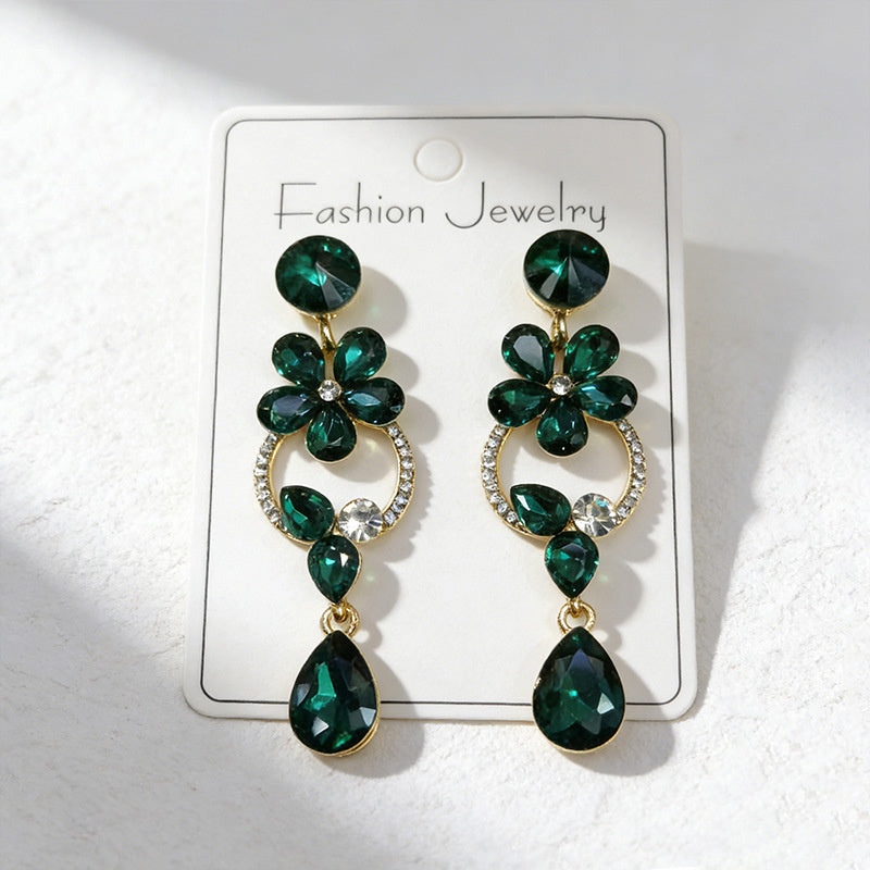 Luxurious floral with full diamond accents, long waterdrop gemstone earrings, court-style versatile earrings that enhance complexion