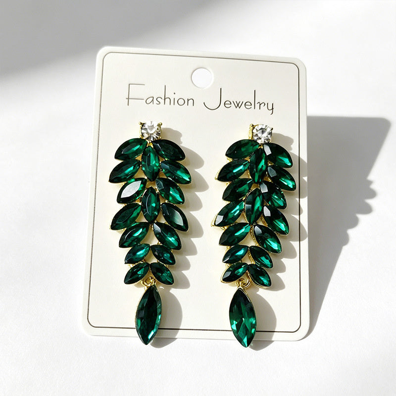 Diamond-studded leaf long tassel multi-color crystal earrings, evening style accessories
