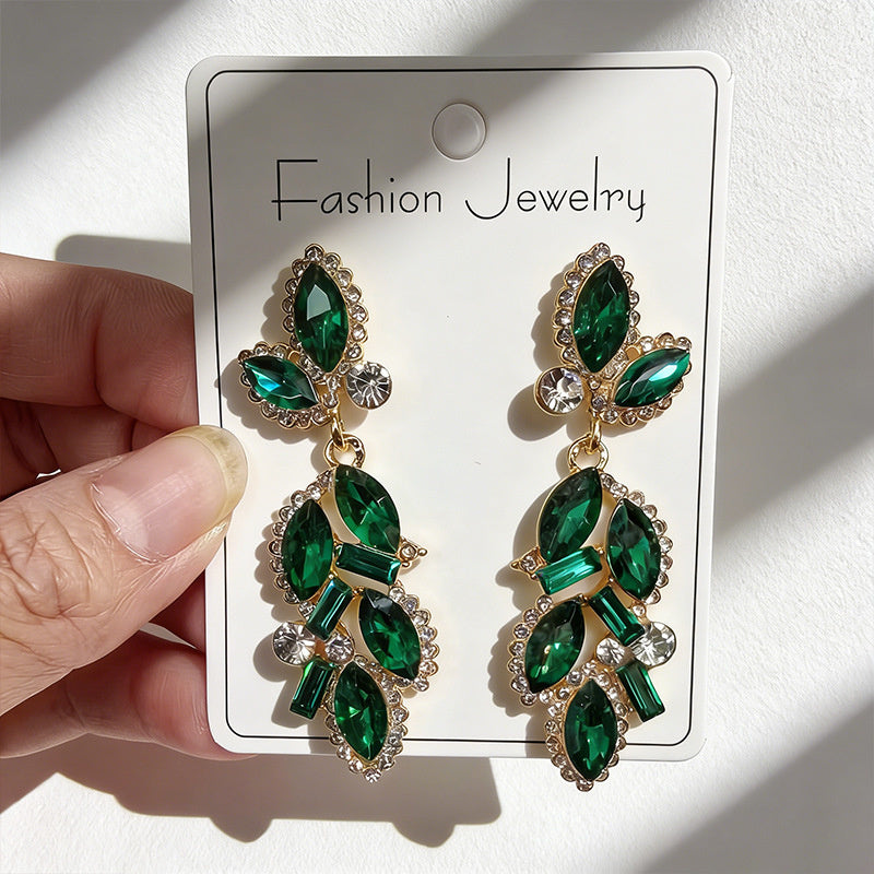 Leaf and Branch Rhinestone Long Luxurious Exquisite Stud Earrings, High-End Slim Party Earrings