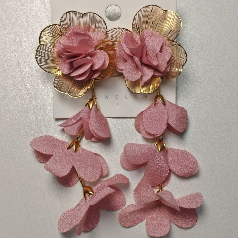 Exaggerated designer multi-layered chiffon floral earrings, beach vacation style earrings for women, light luxury