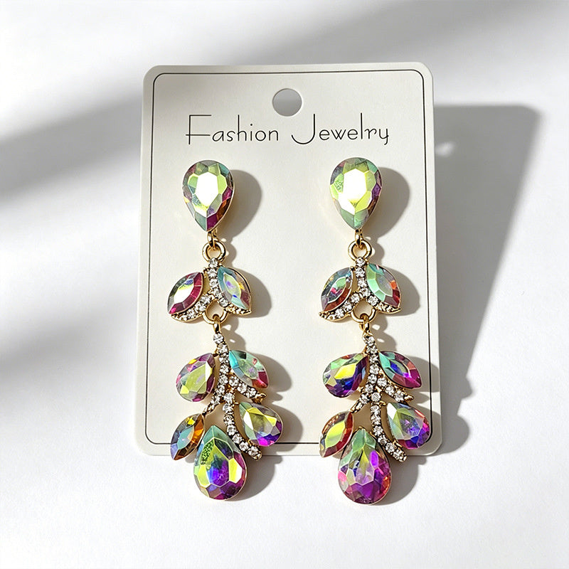 Colorful diamond leaf long earrings, niche light luxury design, stylish and versatile ear accessories