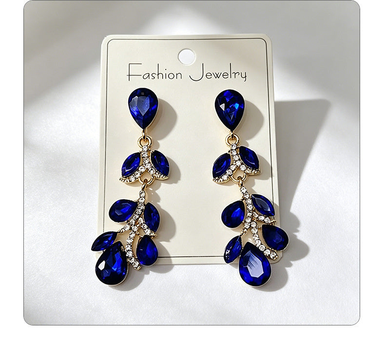 Colorful diamond leaf long earrings, niche light luxury design, stylish and versatile ear accessories