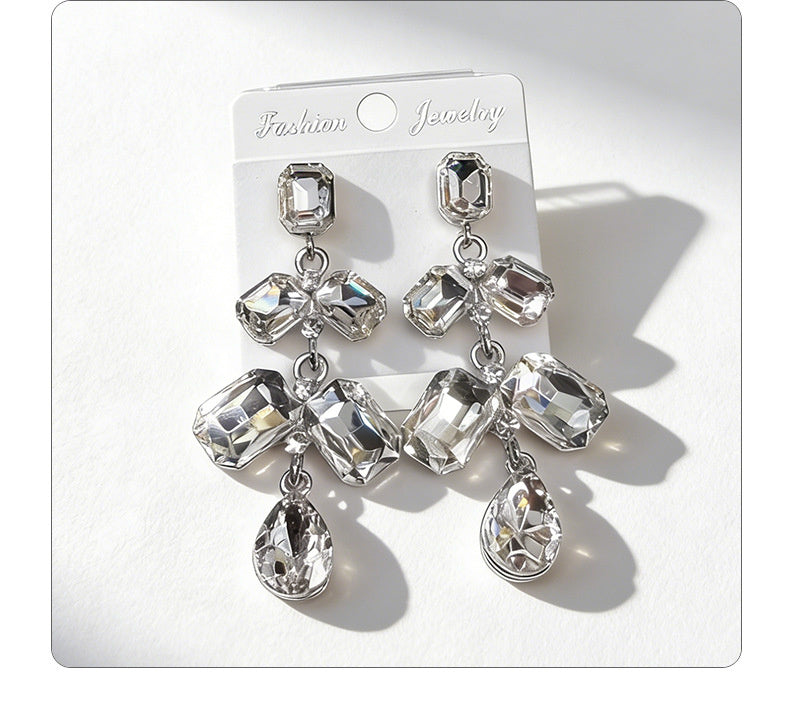 Long waterdrop crystal with fashionable tassels, available in multiple colors, high-transparency cut design, elegant earrings
