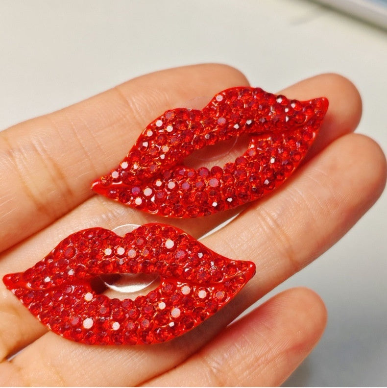 Valentine's Day sparkling full-diamond red lips earrings, exaggerated and stylish earrings
