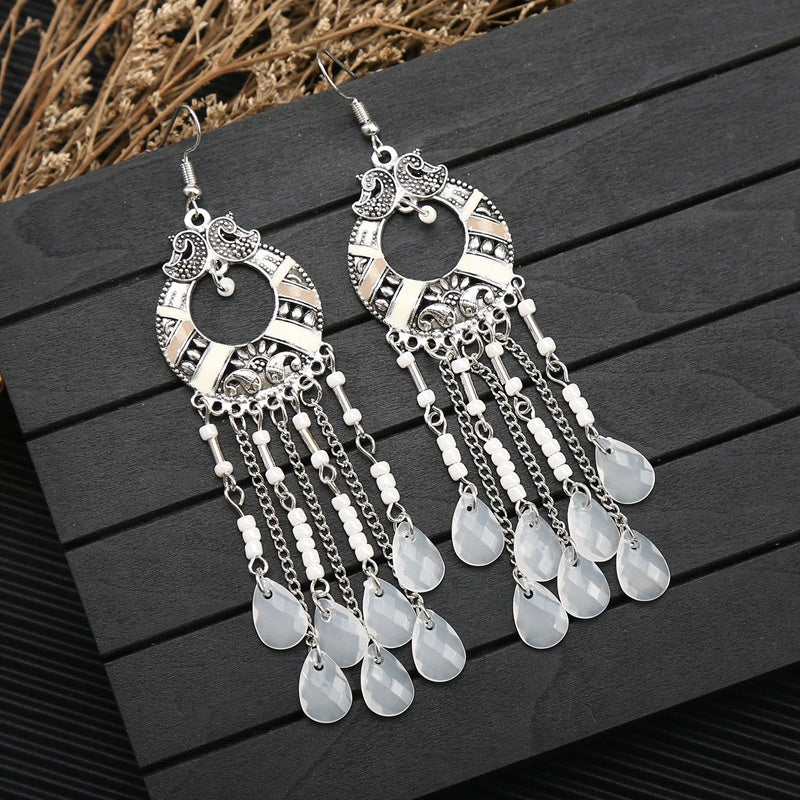 Cross-border handmade water drop seed bead Bohemian long tassel earrings, unique and exaggerated travel photo accessories