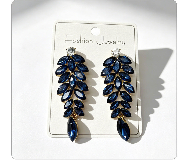 Diamond-studded leaf long tassel multi-color crystal earrings, evening style accessories
