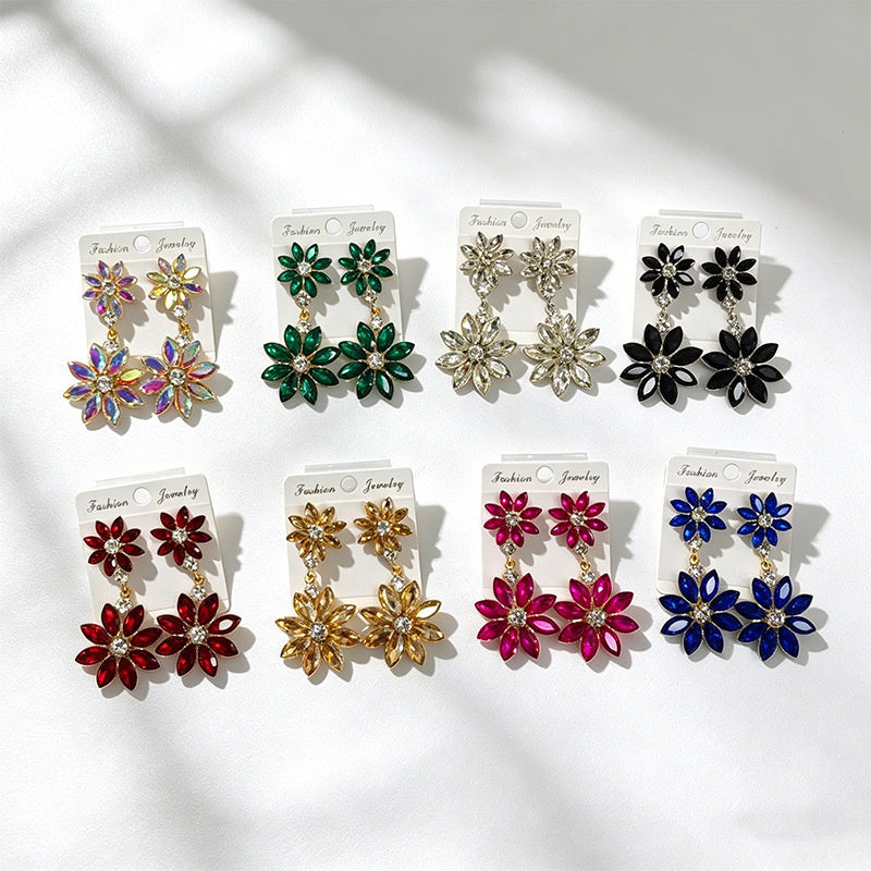 Light luxury style double-layer rhinestone flower for women, high-end versatile commuter earrings