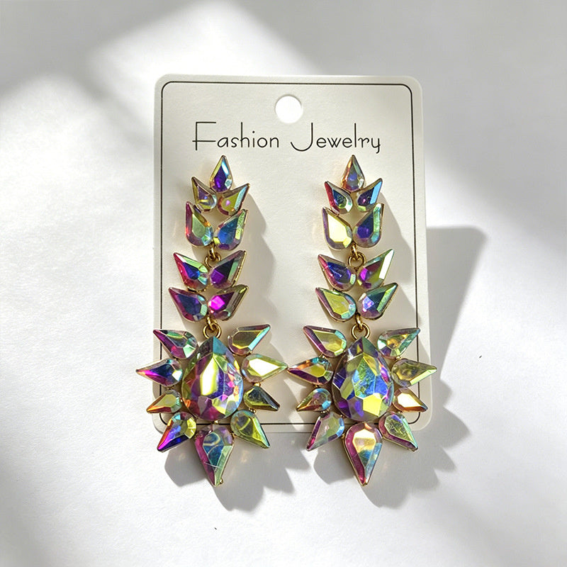 Black rhinestone flame earrings with an exaggerated, grand, and high-end feel
