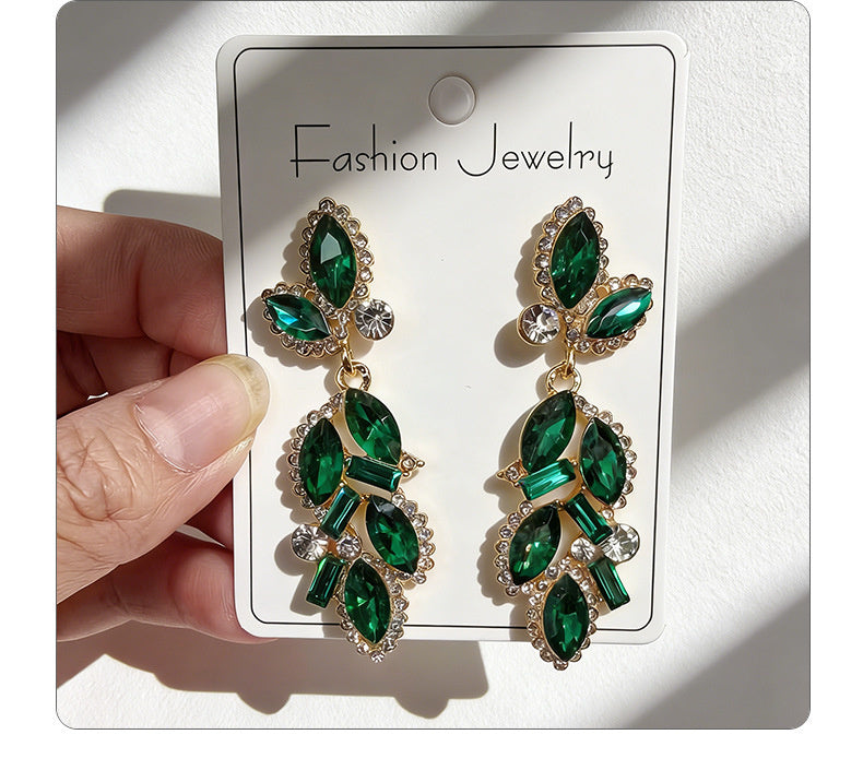 Leaf and Branch Rhinestone Long Luxurious Exquisite Stud Earrings, High-End Slim Party Earrings