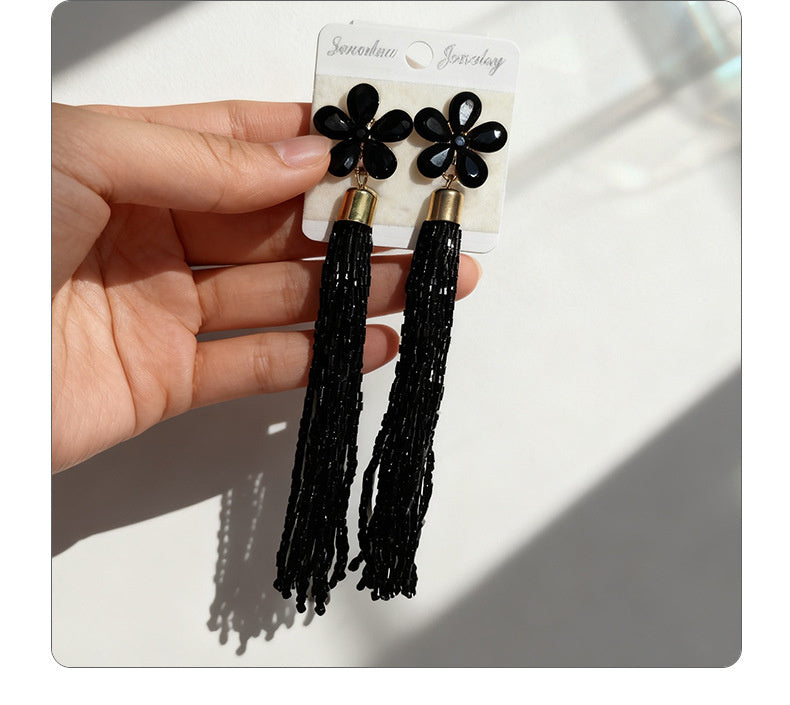Glass Flower Tassel Earrings, Exaggerated Long Style, Fashionable and Elegant Ear Accessories