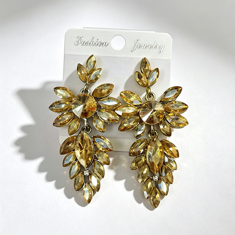 Colorful leaf rhinestone diamond-studded elegant long drop earrings, Hong Kong style party accessories