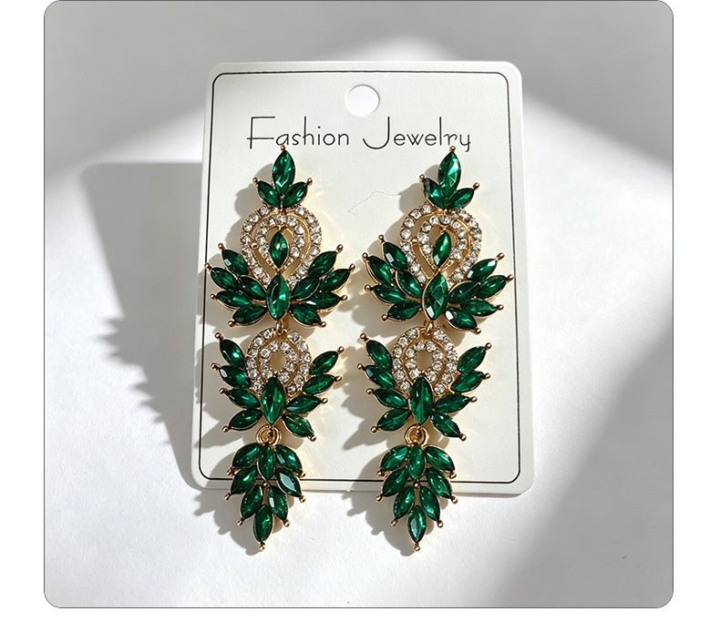 Colorful diamond wheat ear long earrings, niche light luxury design, stylish and versatile earrings
