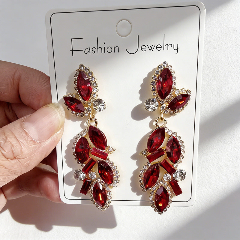 Leaf and Branch Rhinestone Long Luxurious Exquisite Stud Earrings, High-End Slim Party Earrings