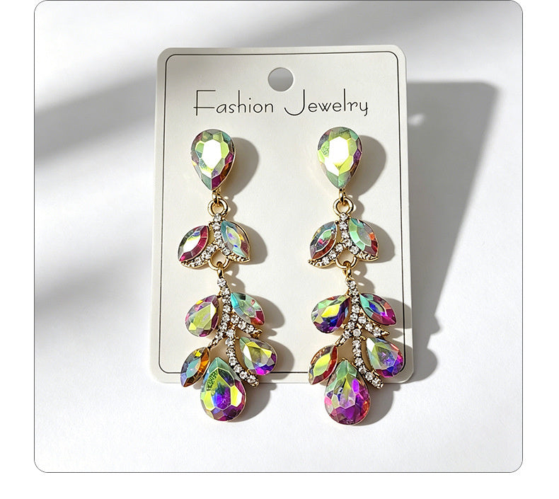 Colorful diamond leaf long earrings, niche light luxury design, stylish and versatile ear accessories