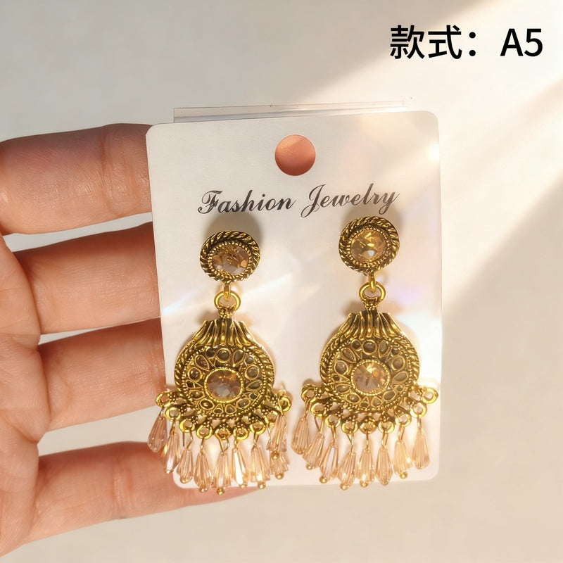 Bohemian style earrings with glass tassels, exaggerated and stylish