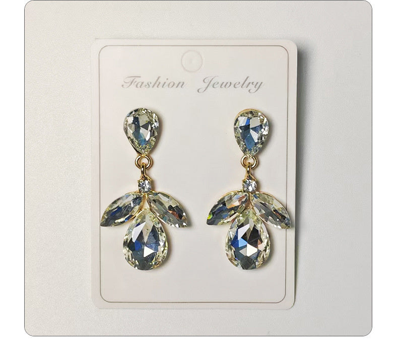 Diamond-studded multi-layered leaf drop earrings, high-end earrings