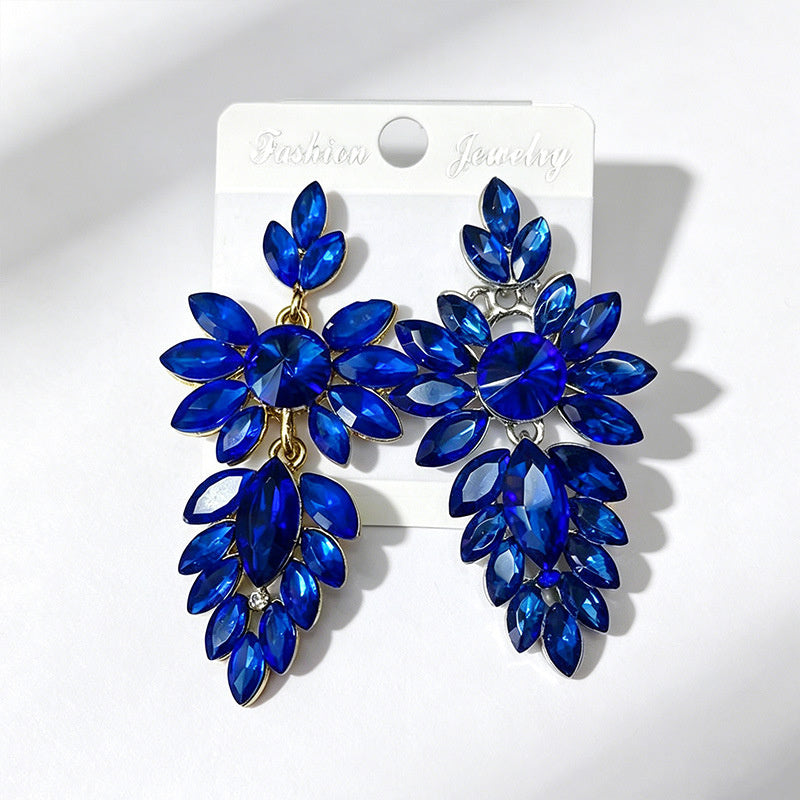 Colorful leaf rhinestone diamond-studded elegant long drop earrings, Hong Kong style party accessories