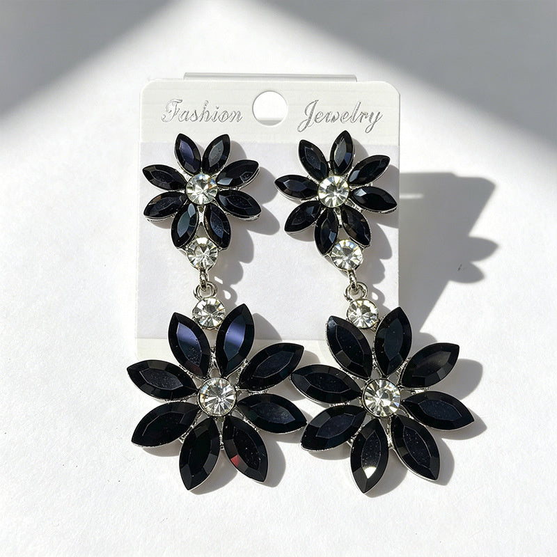 Light luxury style double-layer rhinestone flower for women, high-end versatile commuter earrings