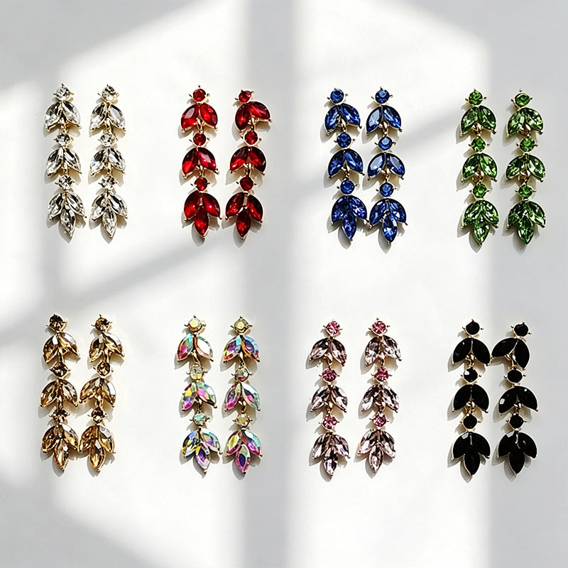 Leaf-shaped colorful diamond long earrings marquise-shaped rhinestones, suitable for pairing with dresses, creating a light and luxurious atmosphere