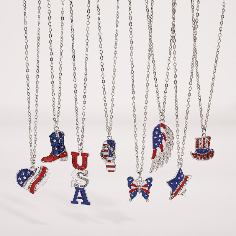 American Independence Day Flag Pendant Necklace with Rhinestones Patriotic Theme Collarbone Chain for Women