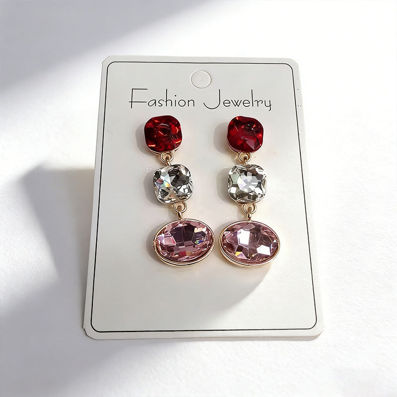 Luxury three-color gemstone with oval teardrop shape, available in multiple colors, durable and non-fading, fashionable earrings